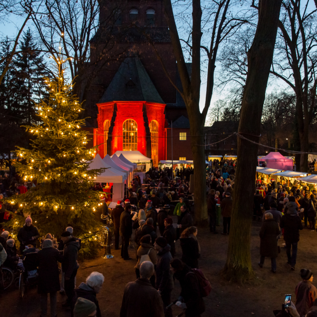 Die festlich beleuchtete Stiftskirche, ein großer Tannenbaum mit Lichterkette und Weihnachtsstände mit vielen Menschen.