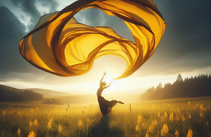 Fiktivies Bild auf dem eine Person mit einem großen gelben Tuch auf einer Wiese tanzt 